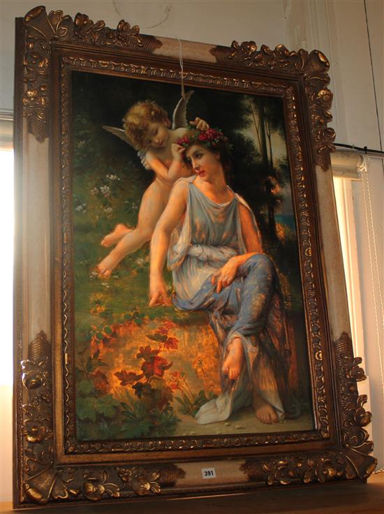 Modern oil on canvas of Cupid and Psyche, signed